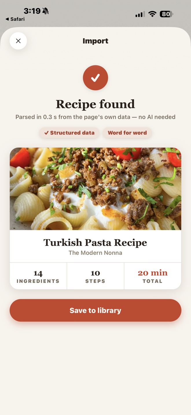 Decadent on iPhone: Import says Recipe found for a Turkish Pasta Recipe from The Modern Nonna, read word for word