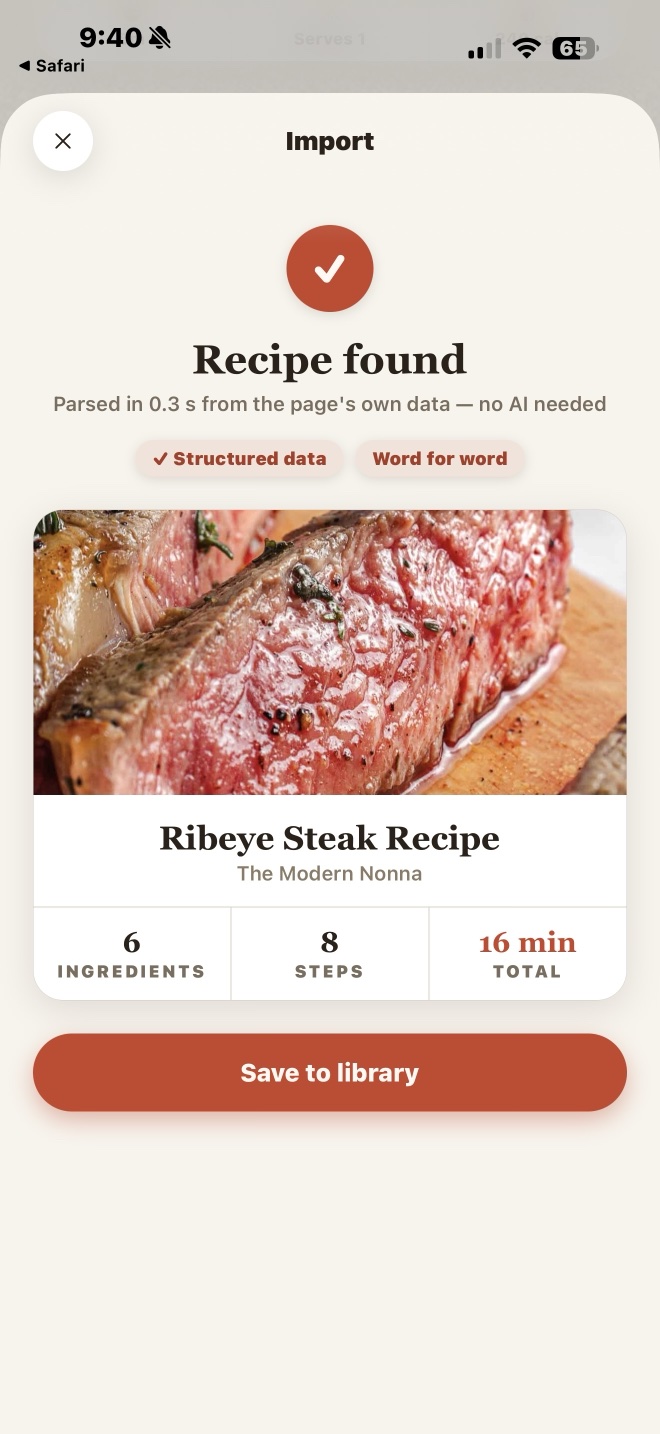 Import says Recipe found: Ribeye Steak Recipe from The Modern Nonna, read in 0.3 seconds from the page’s own data