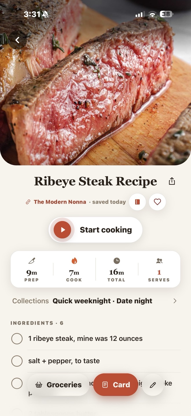 The Ribeye Steak recipe page with Start cooking, the times and the ingredients