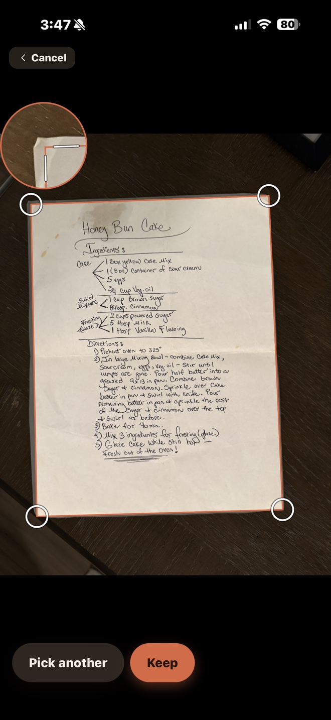 A handwritten Honey Bun Cake card with its four corners set on the page, and Keep