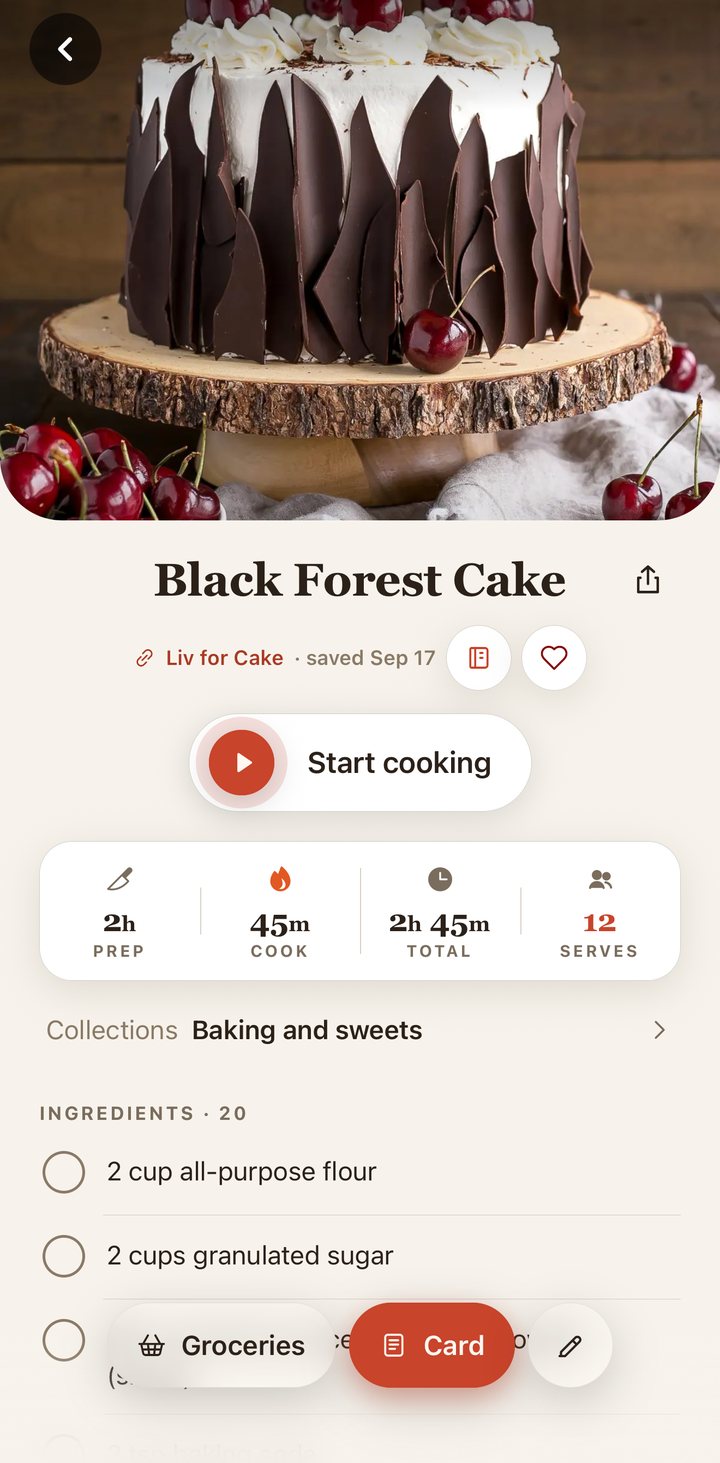 Decadent on iPhone, showing the Black Forest Cake recipe