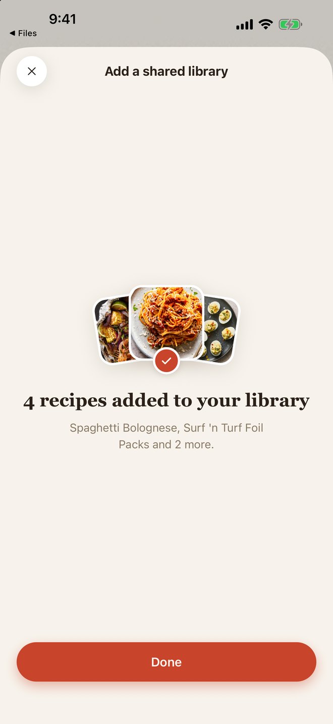 Add a shared library: 4 recipes added to your library, Spaghetti Bolognese, Surf ’n Turf Foil Packs and 2 more, with their photos